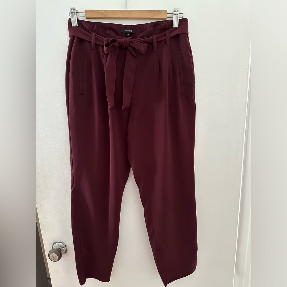 RW&CO Burgundy Crepe Paperbag Ankle Pant with Sash/Belt